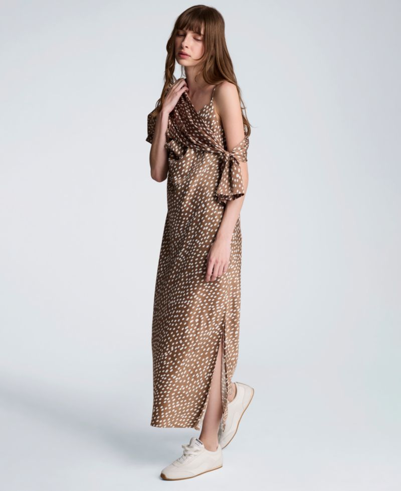 Women's Satin Dot Print Cowl Neck Slip Midi Dress