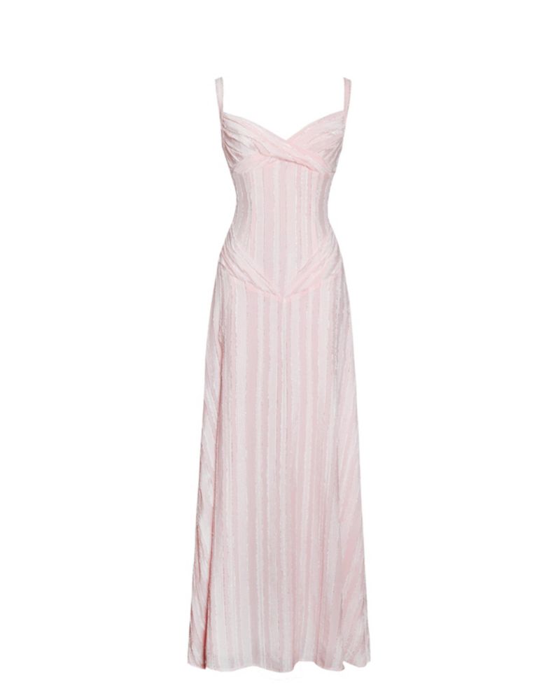 Women's Mallory Baby Pink Stripe Jacquard High Slit Gown