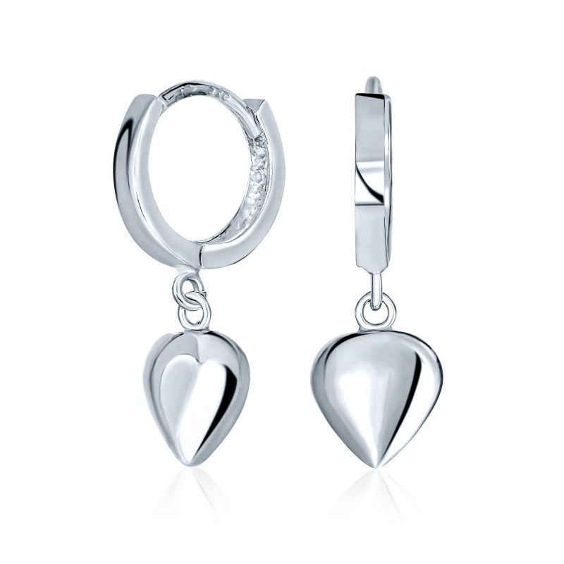 Romantic Puff Heart Charm Dangling Huggie Earrings .925 Sterling Silver