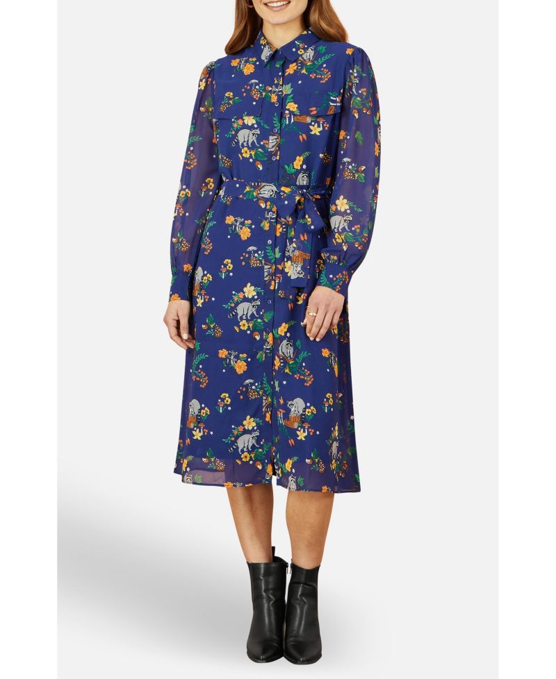 Women's Raccoon Print Shirt Midi Dress