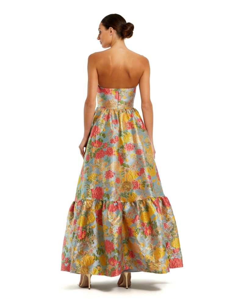 Women's Strapless Brocade Floral Gown With Ruffle Hem