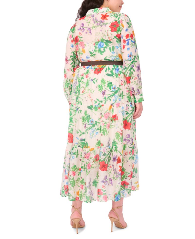 Plus Size Long-Sleeve Floral Print Belted Maxi Shirt Dress