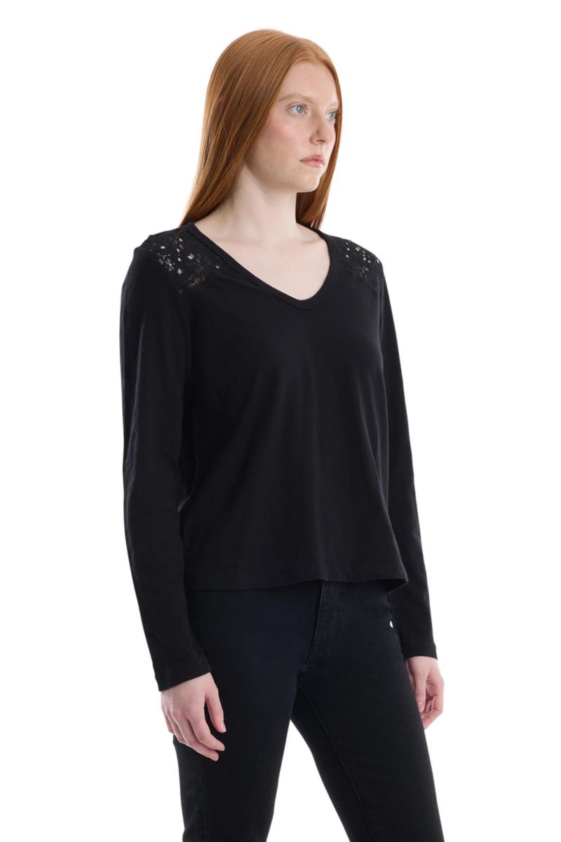 Women's Clothing V-Neck Long Sleeve Mixed Media Tee