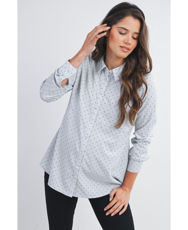 Maternity Button Down Polka Dot Long Sleeve Nursing Top