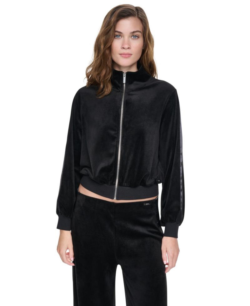 Petite Velour and Satin Trim Mock-Neck Zip-Front Jacket