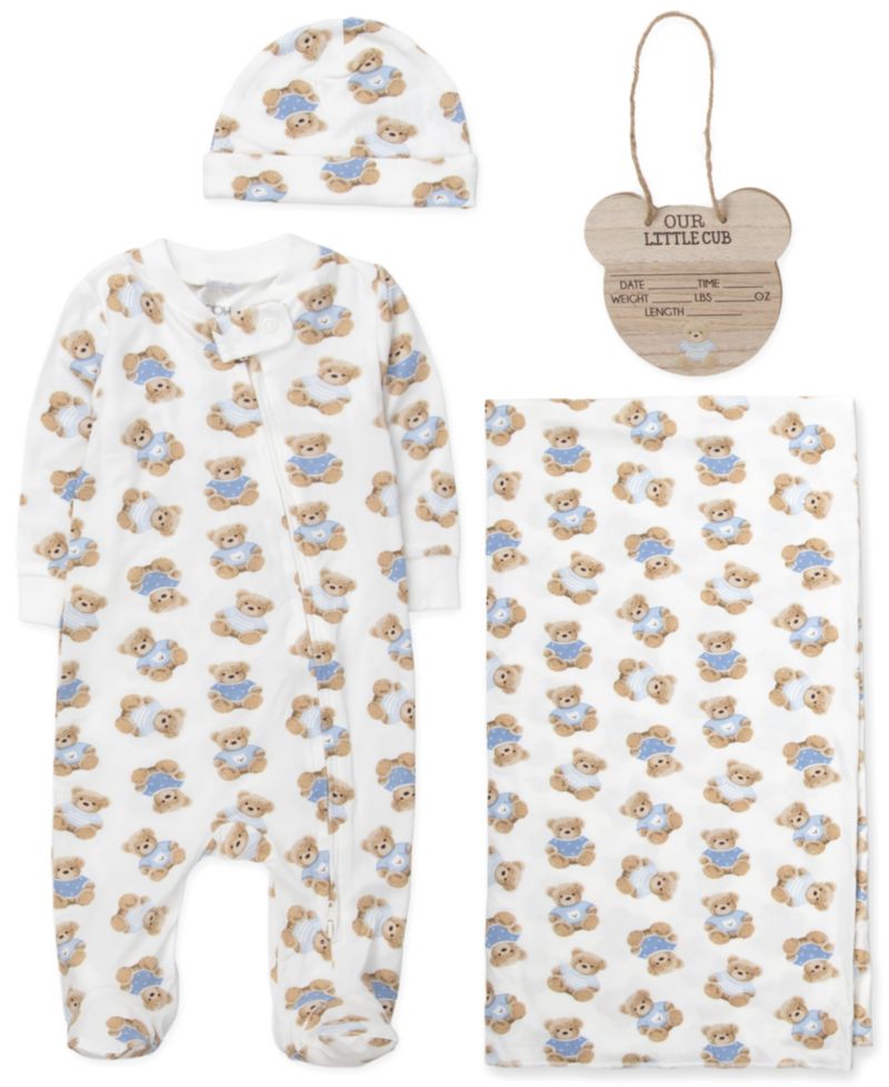 Baby Boys' Bear Print Coverall, Blanket, Hat and Wooden Sign, 4-Piece Set