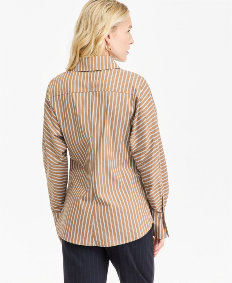 Women's Collared Striped Poplin Tie Shirt