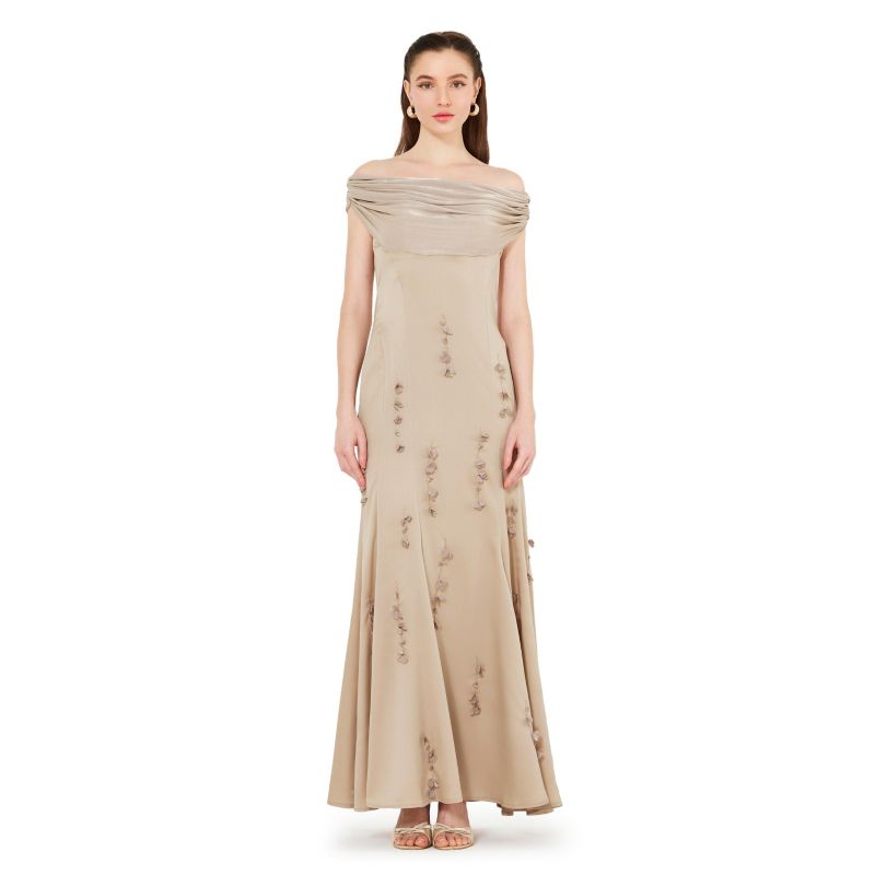 Women's Off-The-Shoulder Cowl Neckline Dress With Floral Embellishment