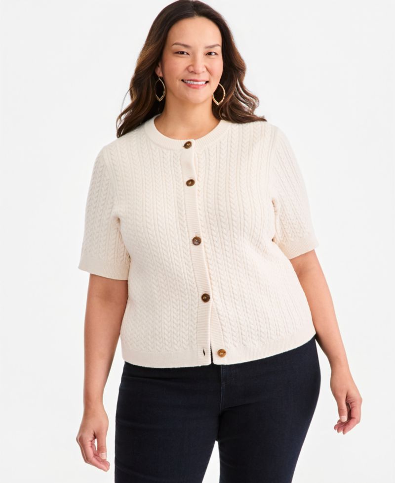 Petite Cable-Knit Short-Sleeve Crewneck Cardigan