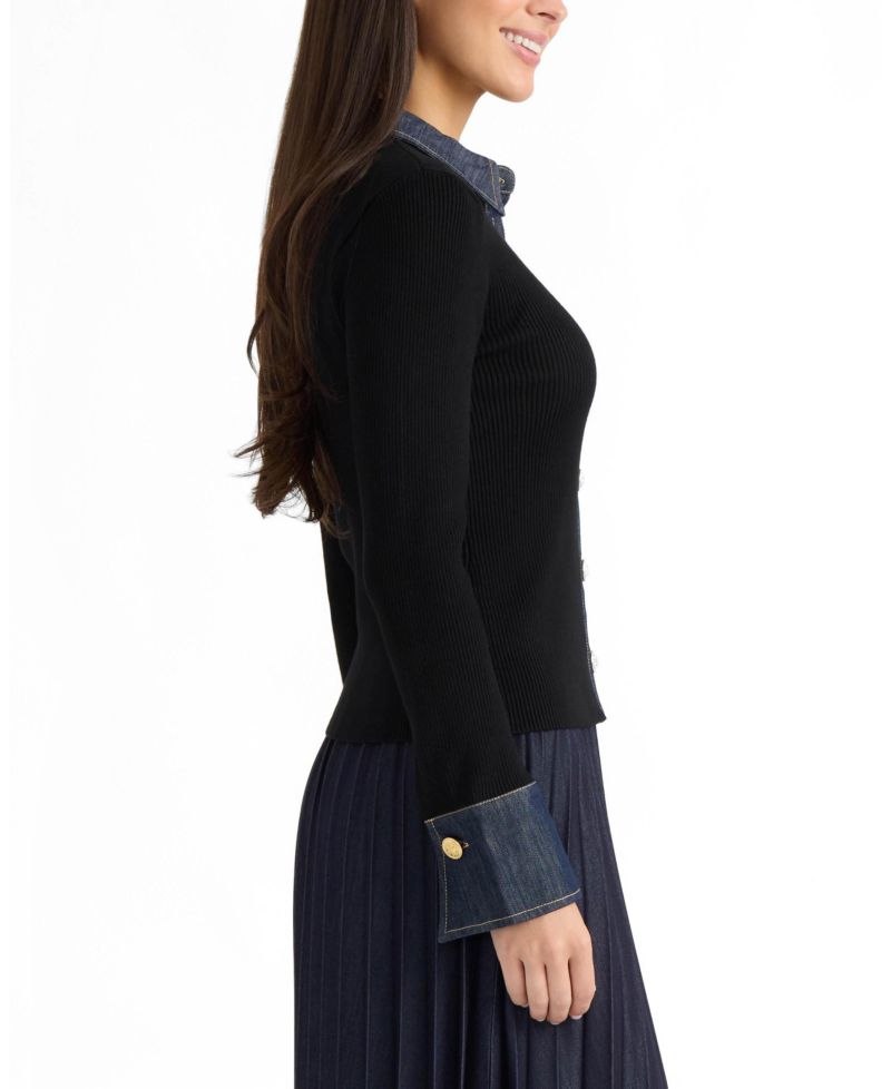 Women's Collared Button-Front Denim Trim Cardigan