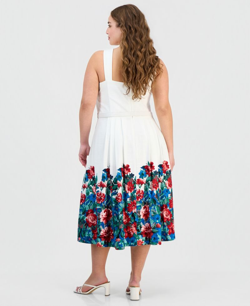 Plus Size Border-Print Sleeveless Belted Dress