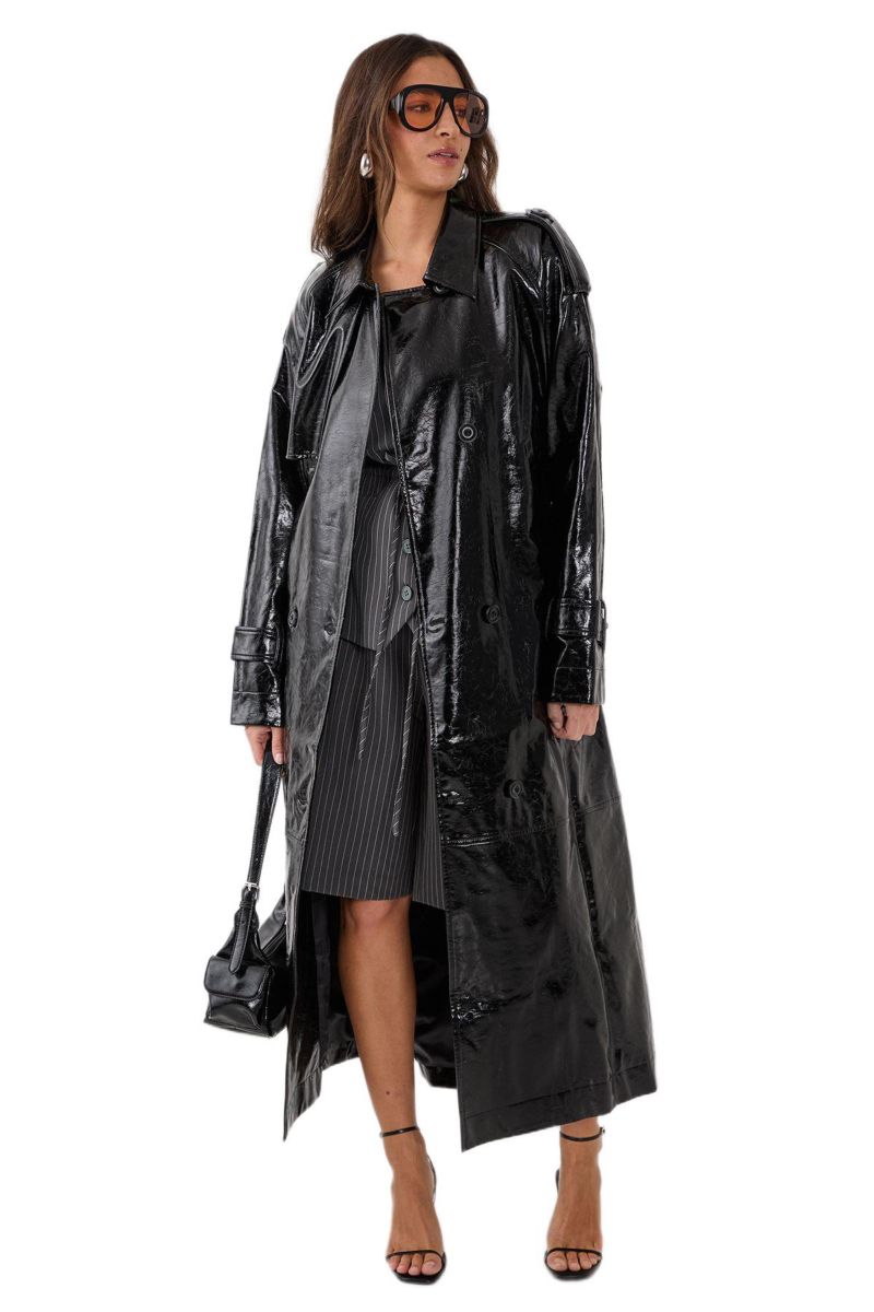 Women's High Shine Faux Leather Trench Coat