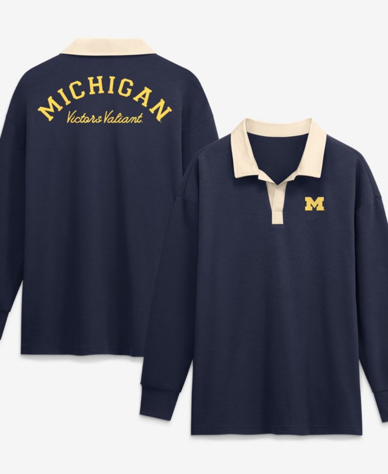 Women's Nike Navy Michigan Wolverines Oversized Essential Dri-FIT Long Sleeve V-Neck Polo Shirt