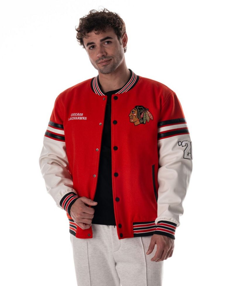 Men's and Women's Red Chicago Blackhawks Drop Shoulder Full-Snap Varsity Jacket