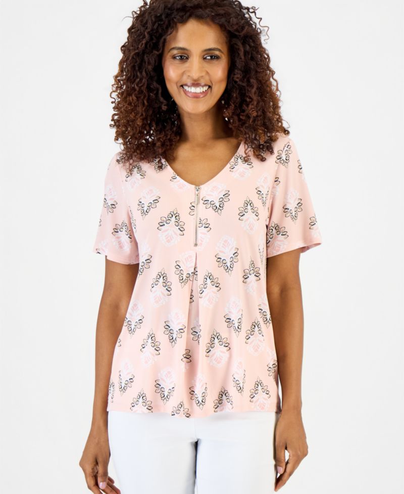 Women's V-Neck Front-Zip Pleated Top
