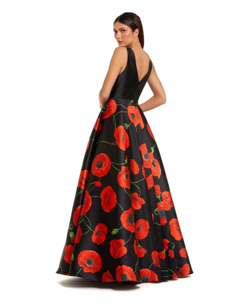 Women's Black Plunge Neck Ballgown With Floral Mikado Skirt