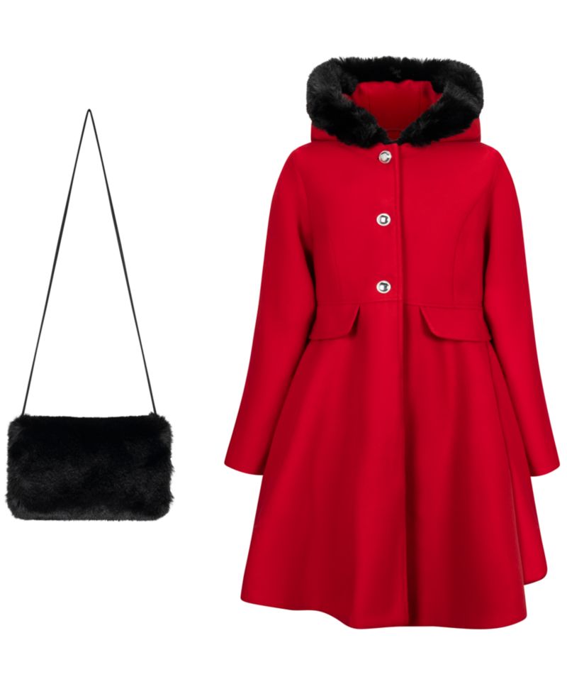 Girls' 6-16 Long-Sleeve Hooded Fur Trim Coat with Muff