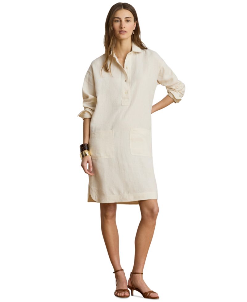 Women's Linen Spread Collar Long-Sleeve Shirt-Dress