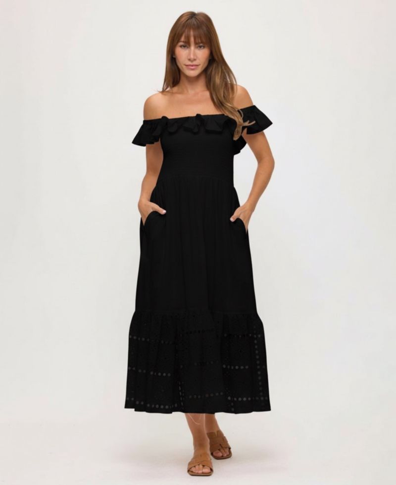Women's Off-The-Shoulder Flounced Smocked Midi Dress