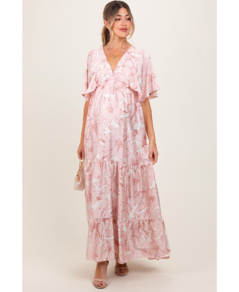Maternity Floral Short Sleeve Deep V-Neck Tiered Maternity Maxi Dress