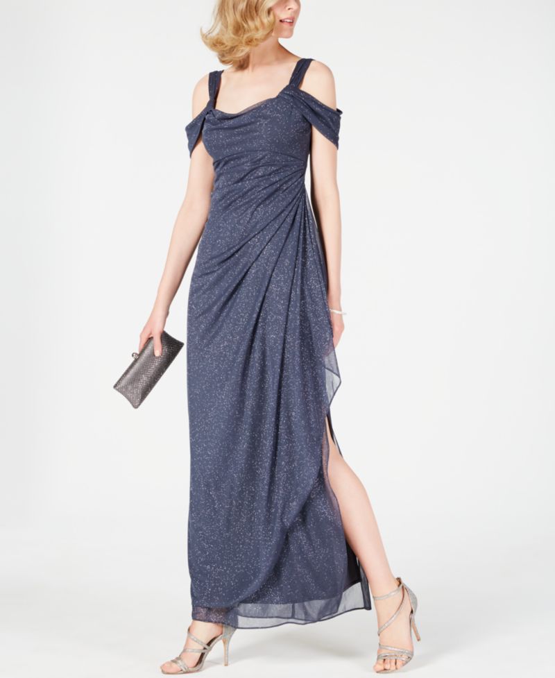 Women's Cold-Shoulder Draped Metallic Gown