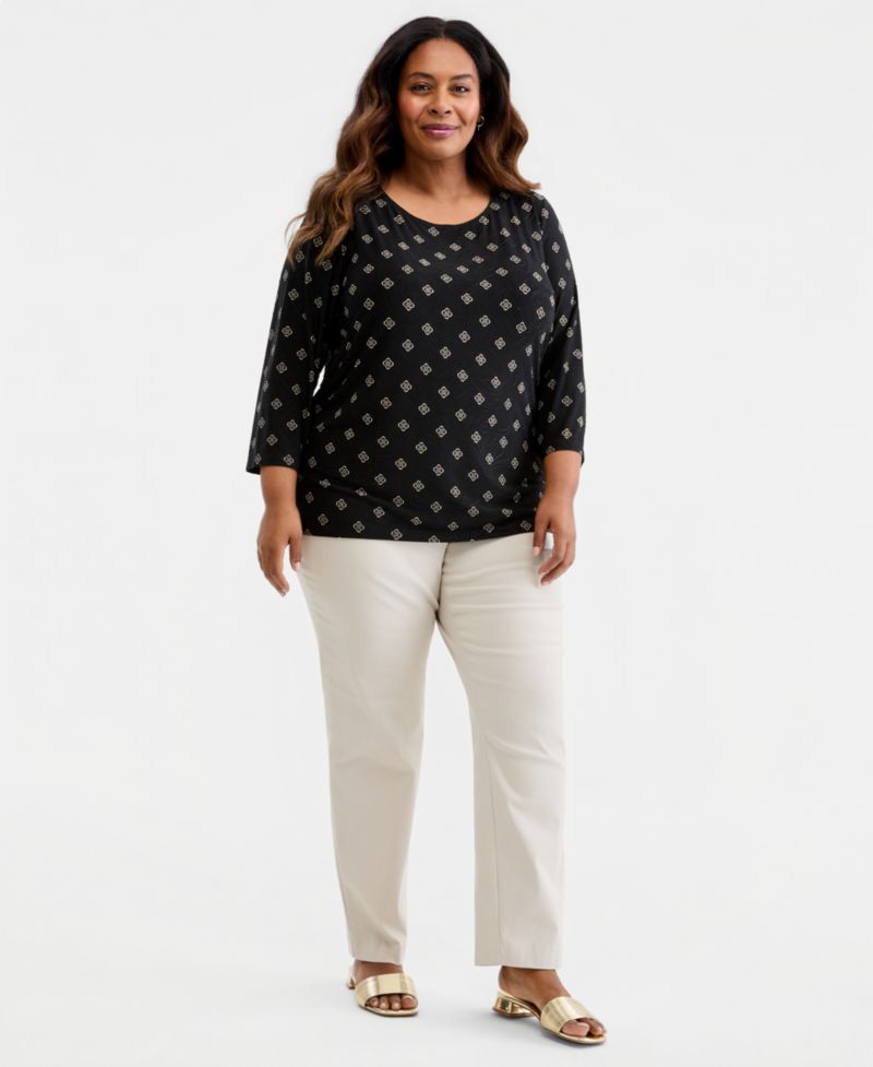 Petite Sofia Tile 3/4-Sleeve Jacquard Tee