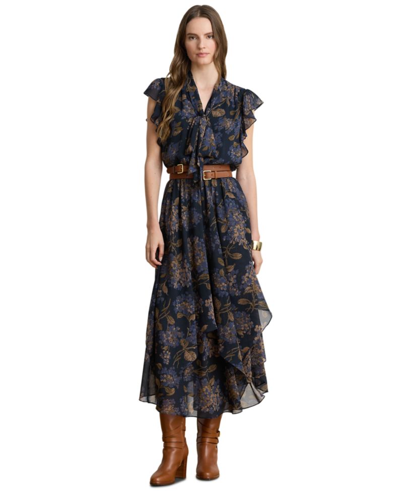 Petite Floral Crinkle Georgette Tie-Neck Midi Dress