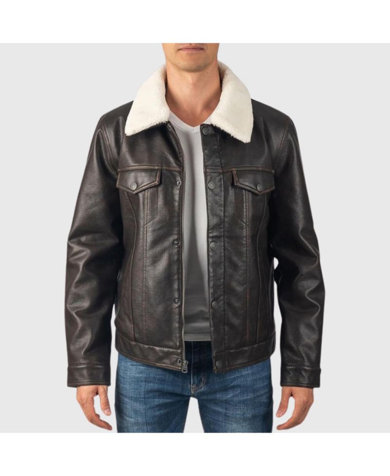 Men's Aaron Fitted Trucker Jacket Sherpa Collar Faux Leather Casual Coat