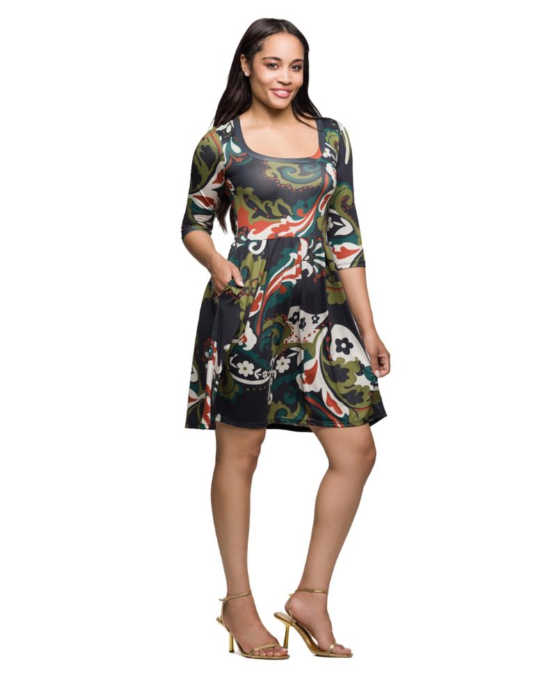 Women's Three Quarter Sleeve Fit and Flare Dress