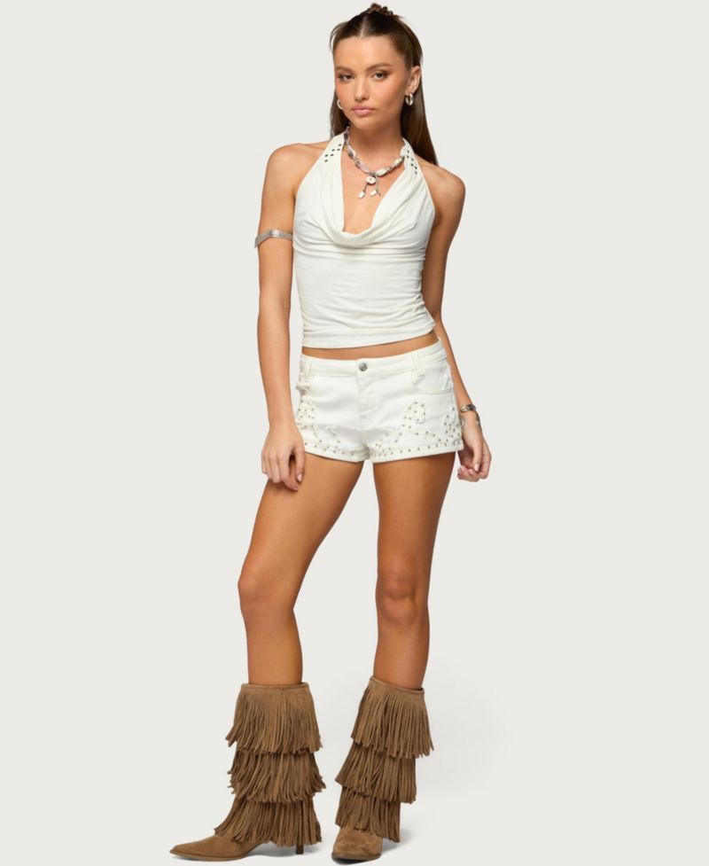 Women's Studded Patchwork Low Rise Denim Shorts