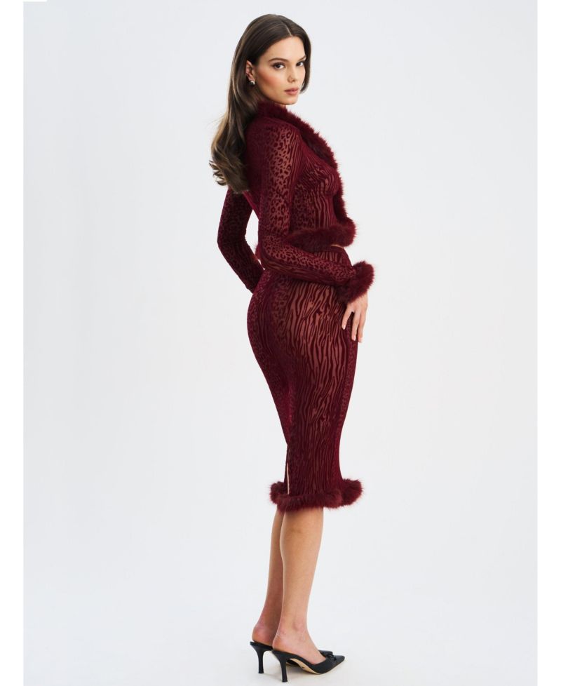 Women's Hali Burgundy Animal Print Burnout Velvet Fur Trim Top
