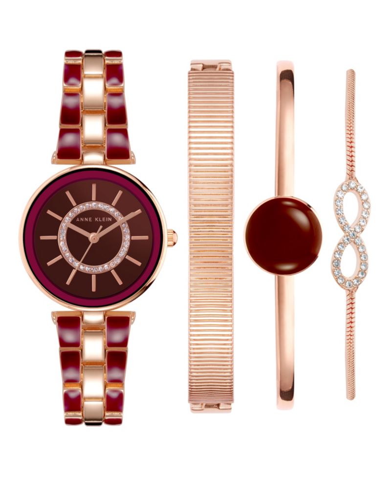 Women's Rose Gold-Tone Alloy Bracelet with Burgundy Enamel and Crystal Accents Fashion Watch 34mm Set 4 Pieces