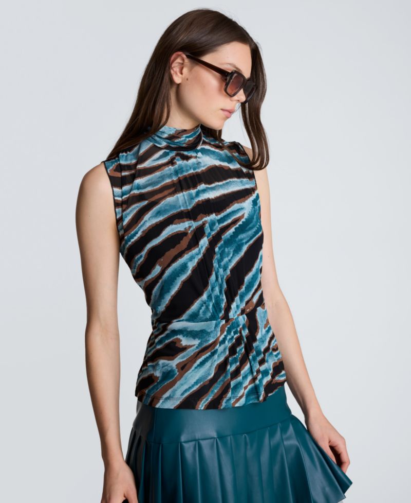 Women's Front-Pleated Mock Neck Mesh Sleeveless Top