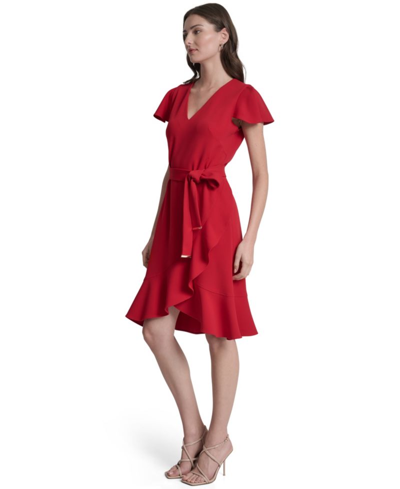 Women's Flutter Short-Sleeve V-Neck Faux-Wrap Dress