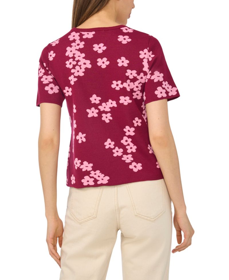 Women's Floral-Print Jacquard Short-Sleeve Sweater
