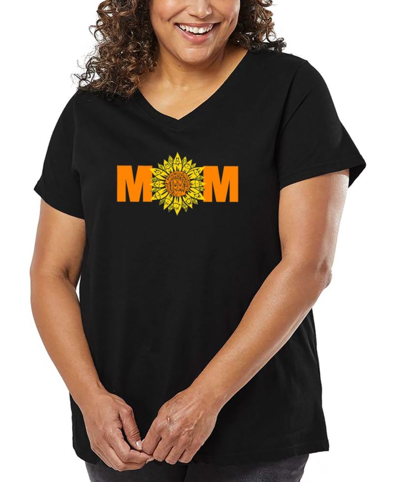 Plus Size Mom Sunflower Word Art V-Neck T-Shirt