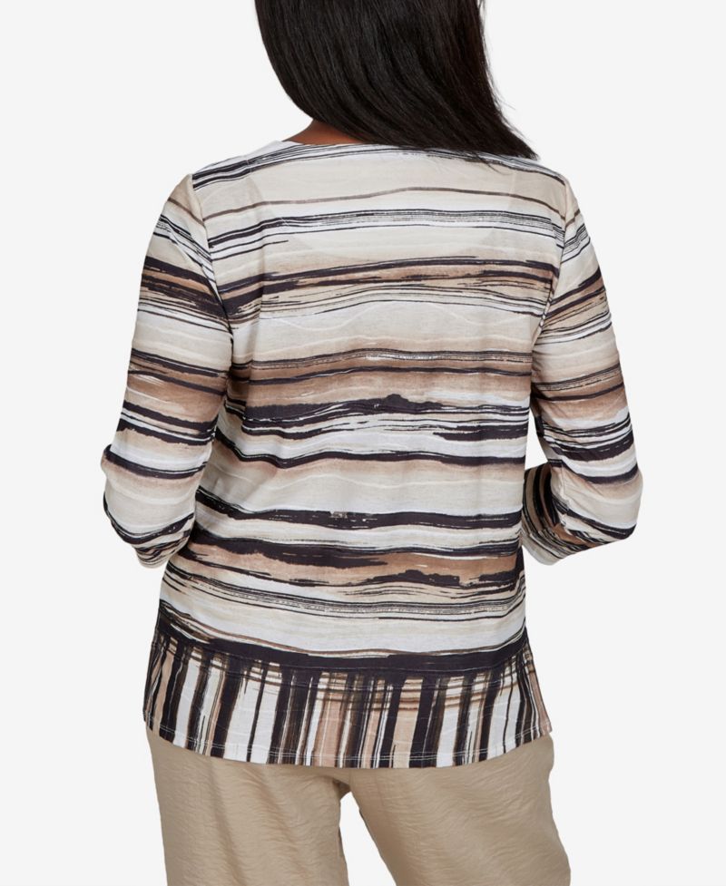 Petite Travel Advisory Scratched Stripes 3/4-Sleeve Striped Knit Top