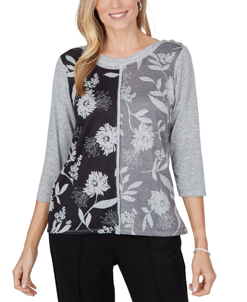 Petite Floral-Print Boat Neck Side Slit Blouse