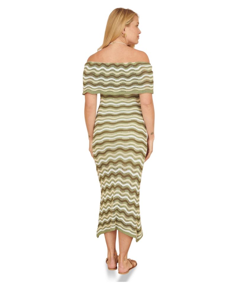 Women's Stripe Crochet Knit Bardot Midi Dress
