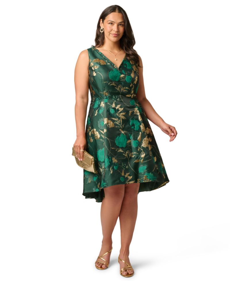 Plus Size Printed V-Neck Sleeveless High-Low Dress