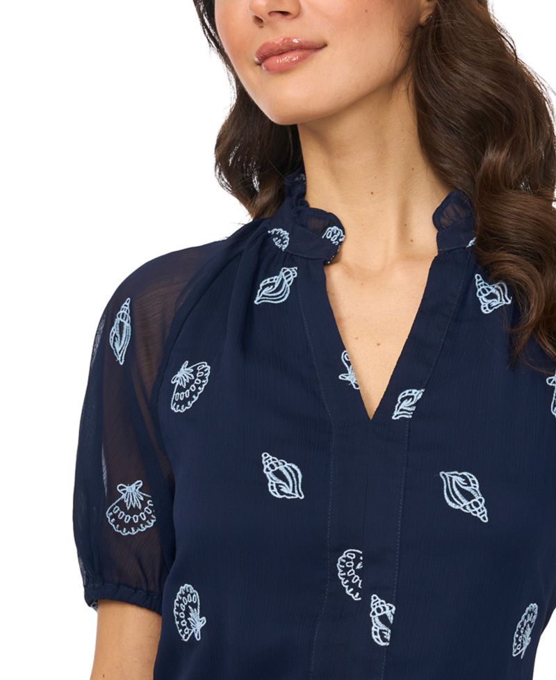 Women's Embroidered Split V-Neck Blouse