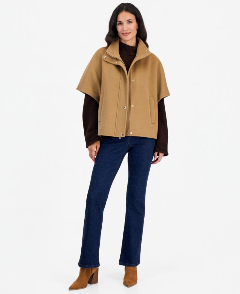 Women's Short Funnel-Neck Wool-Blend Cape Coat