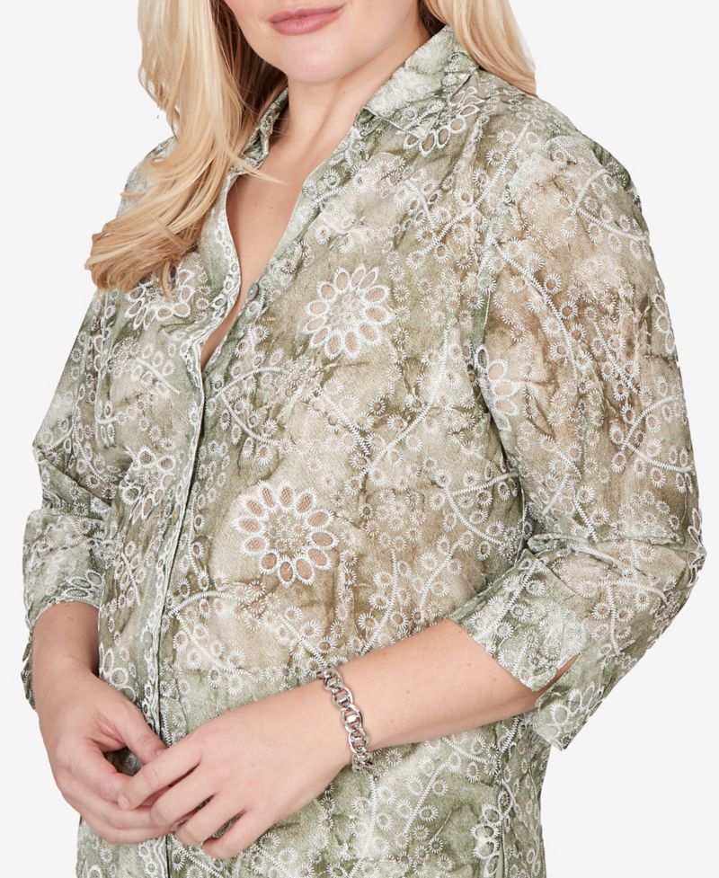 Petite Vintage-Inspired Charm Tie Dye Monotone Floral Button-Front Top