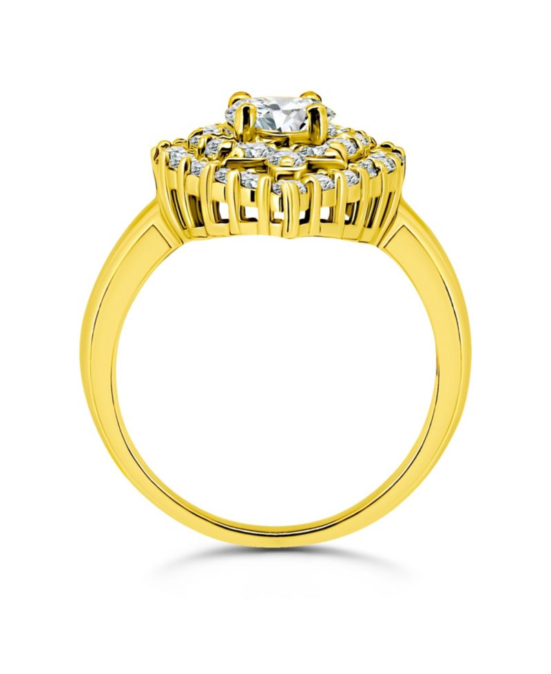 Cubic Zirconia 2 Row Kite Halo with Round Prong Center Stone Ring