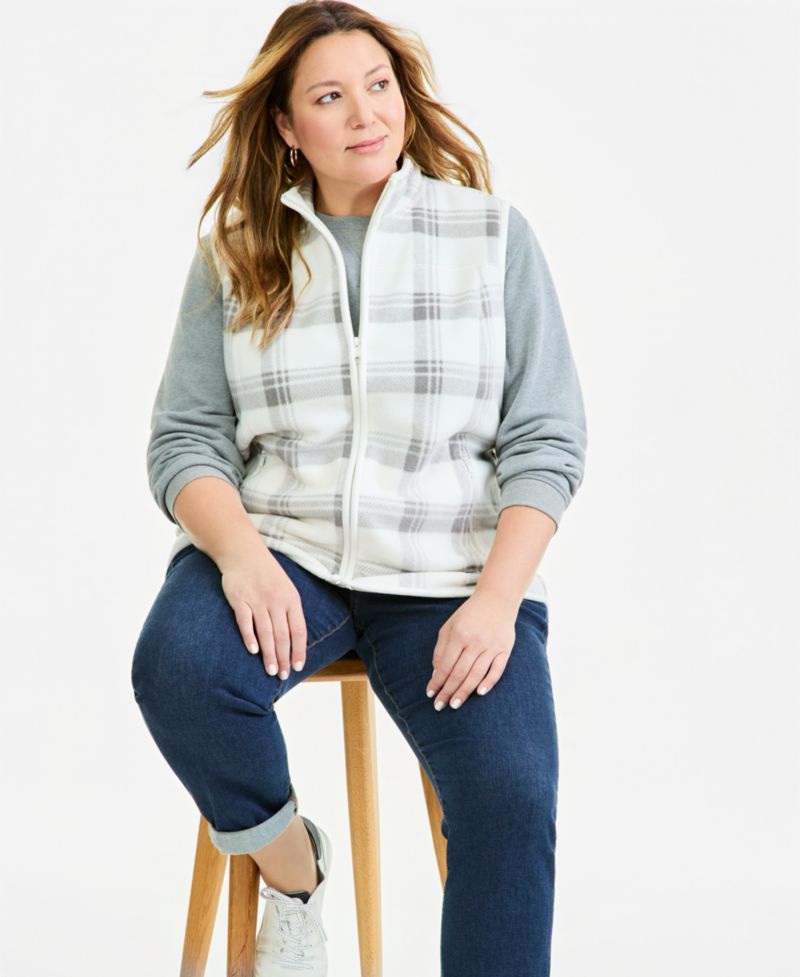 Plus Size Plaid Zip-Front Polar Fleece Vest