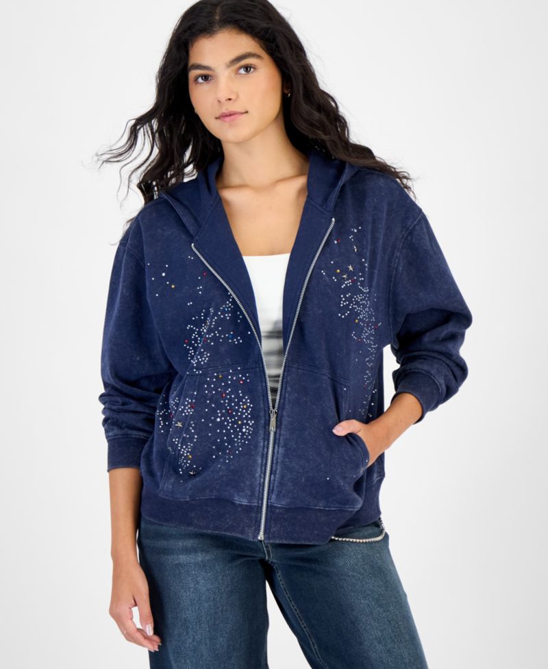 Juniors' Full-Zip Rhinestone-Embellished Fleece Hoodie