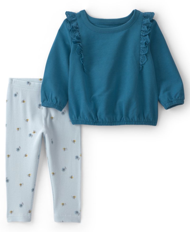Baby Girls' Embroidered Ruffle French Terry Top and Bee Print Pants, 2-Piece Set