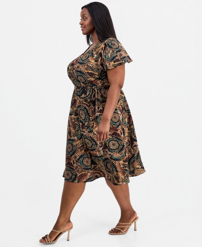 Plus Size Printed Faux-Wrap Flutter-Sleeve Dress