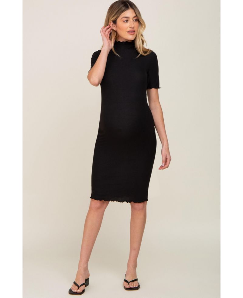 Women's Black Ribbed Mock Neck Fitted Midi Dress