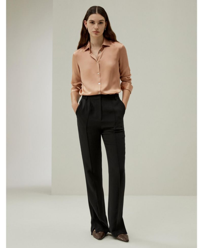 Women's Minimalist Placket Silk Blouse with Shell Buttons
